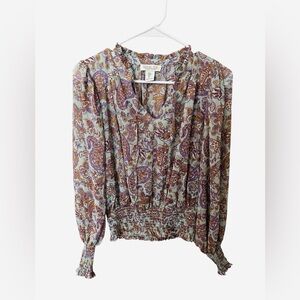 Rachel Zoe Paisley Boho Blouse Smocked Waist Long Sleeve Size Small